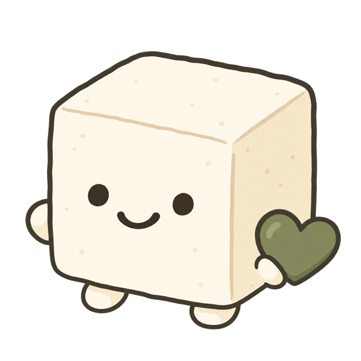 Tofi, a cute tofu cube holding a green heart